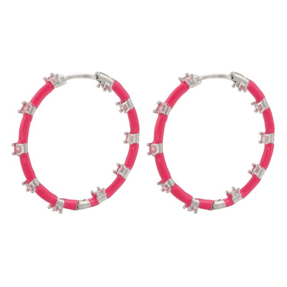Pink Hoop Earrings with Silvertone  Accents - Women Jewelry